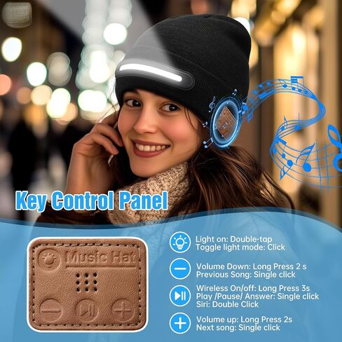 قبعة صغيرة بلوتوث مع ضوء، قبعة متماسكة قابلة لإعادة الشحن عبر USB مع مصابيح أمامية لسماعات الرأس و3 أوضاع إضاءة للرجال والنساء، هدية مثالية لعيد الميلاد وعيد الميلاد باللون الأسود in Kuwait