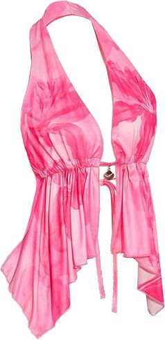 Women's Open Back Halter Tops Floral Split Front Tie Backless Ruffle Hem Tank Top in Saudi Arabia