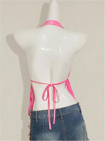 Women's Open Back Halter Tops Floral Split Front Tie Backless Ruffle Hem Tank Top in Saudi Arabia