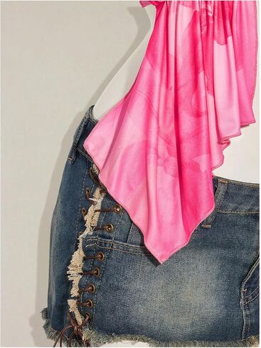 Women's Open Back Halter Tops Floral Split Front Tie Backless Ruffle Hem Tank Top in Saudi Arabia