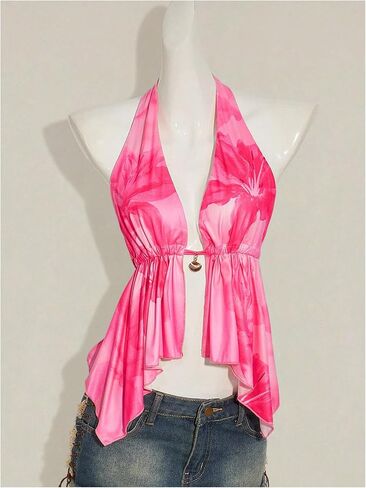 Women's Open Back Halter Tops Floral Split Front Tie Backless Ruffle Hem Tank Top in Saudi Arabia