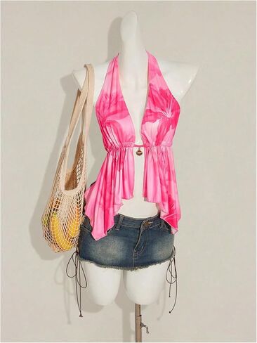 Women's Open Back Halter Tops Floral Split Front Tie Backless Ruffle Hem Tank Top in Saudi Arabia