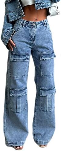 Women's Low Waist Cargo Pants Baggy Jeans Wide Leg Casual Trendy Streetwear Grunge Emo Clothes in Kuwait