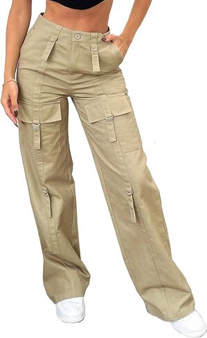 Women's Low Waist Cargo Pants Baggy Jeans Wide Leg Casual Trendy Streetwear Grunge Emo Clothes in Kuwait