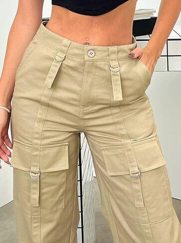 Women's Low Waist Cargo Pants Baggy Jeans Wide Leg Casual Trendy Streetwear Grunge Emo Clothes in Kuwait