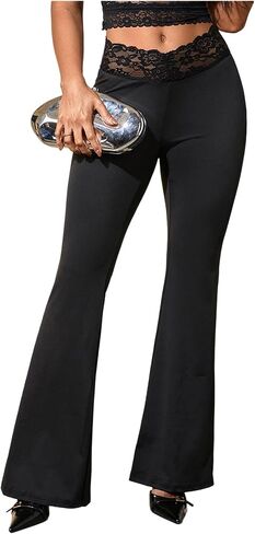 GORGLITTER Women's Lace Gothic Y2K Pants Bell Bottom Goth Pant Elastic Waisted Flared Leggings in Saudi Arabia