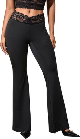 GORGLITTER Women's Lace Gothic Y2K Pants Bell Bottom Goth Pant Elastic Waisted Flared Leggings in Saudi Arabia
