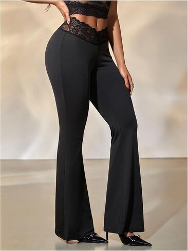 GORGLITTER Women's Lace Gothic Y2K Pants Bell Bottom Goth Pant Elastic Waisted Flared Leggings in Saudi Arabia