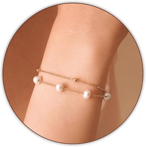 Pearls Bracelets for Women 18K Gold Plated Freshwater AAAA Pearls Dainty Chain Link Bracelets - Double Golden Beads in Kuwait