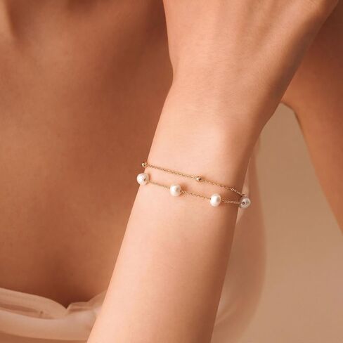 Pearls Bracelets for Women 18K Gold Plated Freshwater AAAA Pearls Dainty Chain Link Bracelets - Double Golden Beads in Kuwait