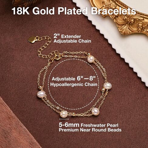 Pearls Bracelets for Women 18K Gold Plated Freshwater AAAA Pearls Dainty Chain Link Bracelets - Double Golden Beads in Kuwait