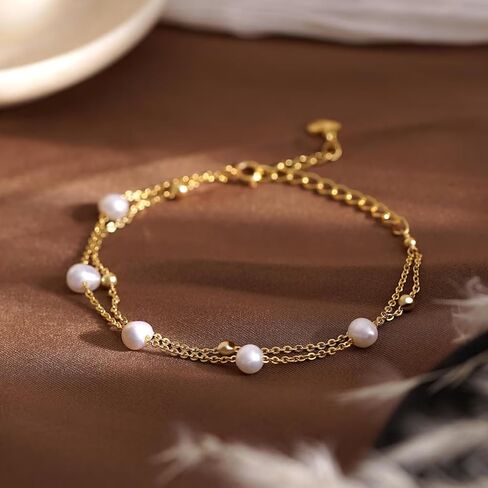 Pearls Bracelets for Women 18K Gold Plated Freshwater AAAA Pearls Dainty Chain Link Bracelets - Double Golden Beads in Kuwait
