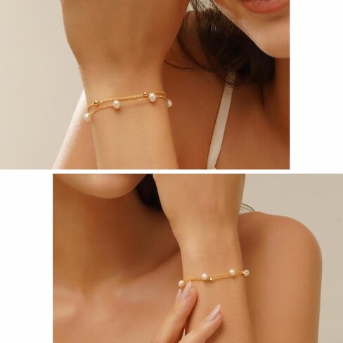 Pearls Bracelets for Women 18K Gold Plated Freshwater AAAA Pearls Dainty Chain Link Bracelets - Double Golden Beads in Kuwait