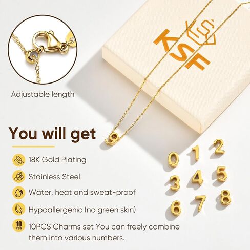 قلادة العدد الذهبي KSF للنساء - DIY 10 PCS رقم 0-9 قلادة سحر ، 18K مطلقة الذهب قلادة الشهر الولادة الإكسسوارات اليوم هدية عيد ميلاد المجوهرات لها in Kuwait