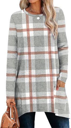 Xieerduo Tunic Tunic Tops Long Sleeve Crew Neck High Low Low Lower Lough Lit Lit Blouses مع جيوب in Saudi Arabia