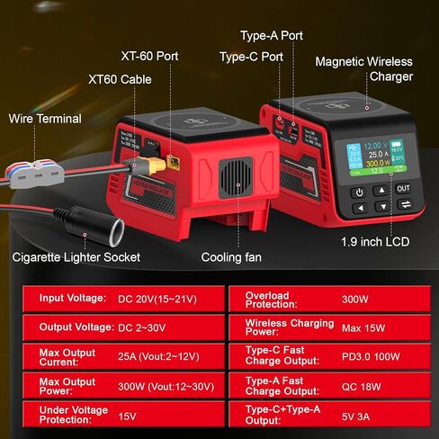 منظم الجهد 300W متوافق مع بطارية DeWalt 20V (البطارية غير المدرجة) ، 1–30 فولت إخراج DC ، شحن سريع 140 واط PD ، شاحن لاسلكي 15W in Kuwait