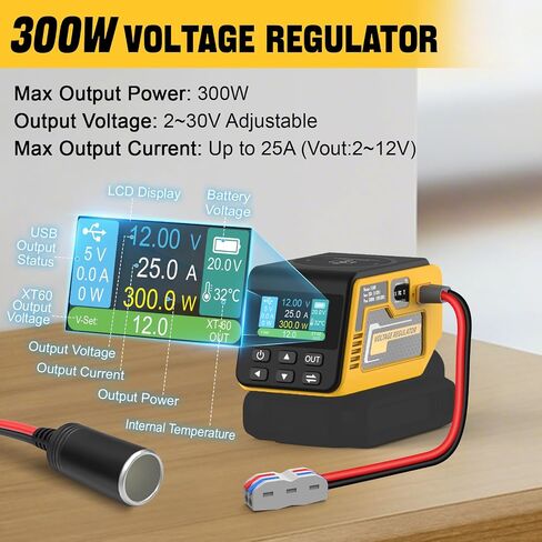 منظم الجهد 300W متوافق مع بطارية DeWalt 20V (البطارية غير المدرجة) ، 1–30 فولت إخراج DC ، شحن سريع 140 واط PD ، شاحن لاسلكي 15W in Kuwait