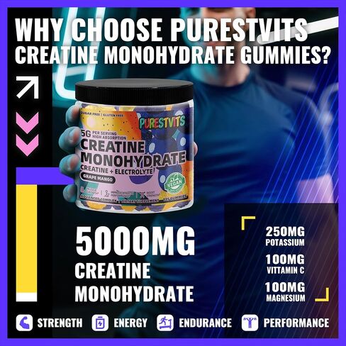 Creatine Monohydrate Gummies (5g) – Pre-Workout Energy & Muscle Growth Support for Men & Women | Blueberry Raspberry Electrolyte Gummies (135 Count) in Saudi Arabia
