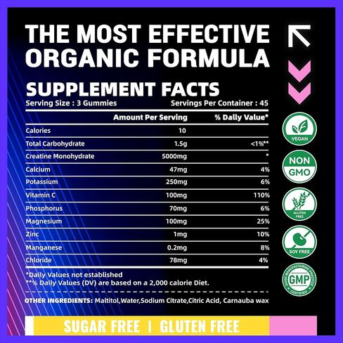 Creatine Monohydrate Gummies (5g) – Pre-Workout Energy & Muscle Growth Support for Men & Women | Blueberry Raspberry Electrolyte Gummies (135 Count) in Saudi Arabia
