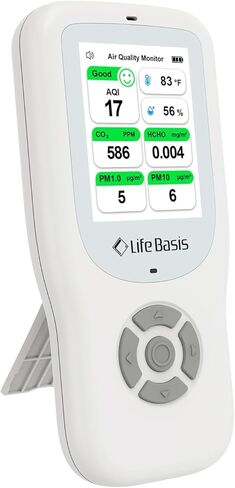 LifeBasis Air Quality Monitor Indoor ، كاشف جودة الهواء 11-in-1 مع الحامل ، واختبار عداد الهواء في الوقت الفعلي AQI ، PM1.0 ، PM2.5 ، PM10 ، CO2 ، TVOC ، HCHO ، الجسيمات ، درجة الحرارة والرطوبة ، التنبيه المزدوج -بليك in Kuwait