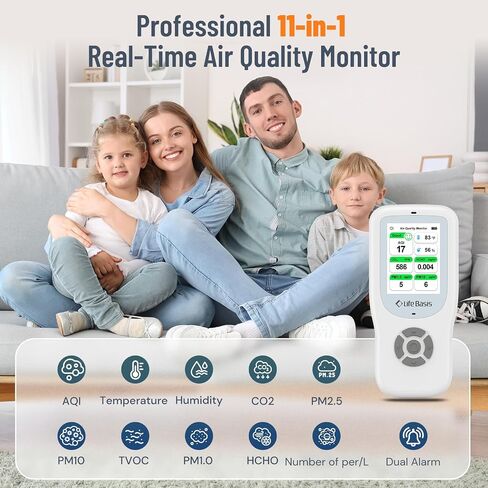 LifeBasis Air Quality Monitor Indoor ، كاشف جودة الهواء 11-in-1 مع الحامل ، واختبار عداد الهواء في الوقت الفعلي AQI ، PM1.0 ، PM2.5 ، PM10 ، CO2 ، TVOC ، HCHO ، الجسيمات ، درجة الحرارة والرطوبة ، التنبيه المزدوج -بليك in Kuwait