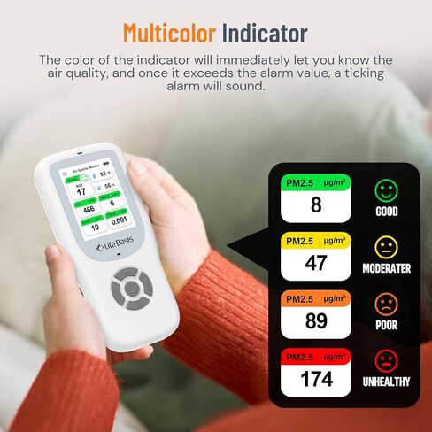 LifeBasis Air Quality Monitor Indoor ، كاشف جودة الهواء 11-in-1 مع الحامل ، واختبار عداد الهواء في الوقت الفعلي AQI ، PM1.0 ، PM2.5 ، PM10 ، CO2 ، TVOC ، HCHO ، الجسيمات ، درجة الحرارة والرطوبة ، التنبيه المزدوج -بليك in Kuwait