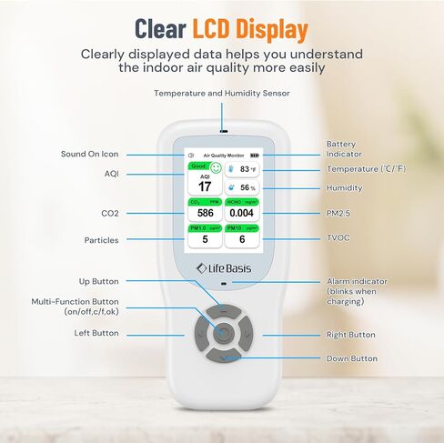 LifeBasis Air Quality Monitor Indoor ، كاشف جودة الهواء 11-in-1 مع الحامل ، واختبار عداد الهواء في الوقت الفعلي AQI ، PM1.0 ، PM2.5 ، PM10 ، CO2 ، TVOC ، HCHO ، الجسيمات ، درجة الحرارة والرطوبة ، التنبيه المزدوج -بليك in Kuwait