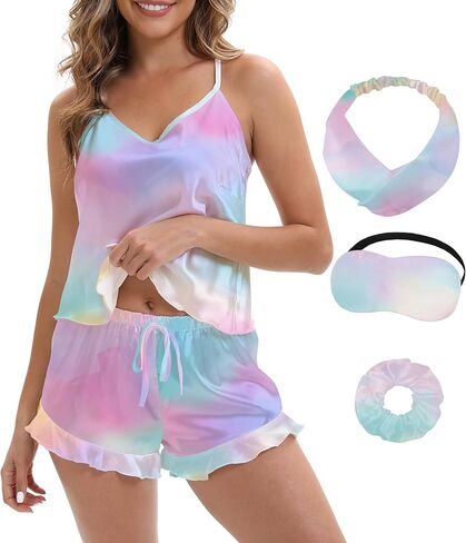 MORFORU Silk Pajamas for Women Satin Pajama Set Camisole Tops Ruffle Shorts with Sleep Mask 2 Piece Pjs Lingerie Set in Kuwait