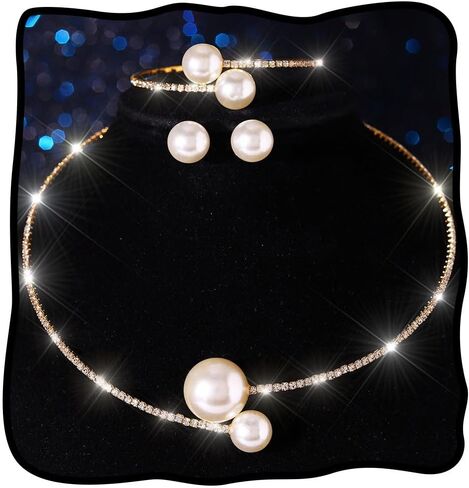 Nicute Pearl Bridal Wedding Jewelry Set Silver Rhinestone Necklace Bracelet Set Prom Necklaces Jewelry Accessories for Women in Saudi Arabia