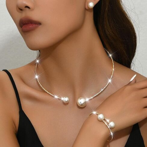 Nicute Pearl Bridal Wedding Jewelry Set Silver Rhinestone Necklace Bracelet Set Prom Necklaces Jewelry Accessories for Women in Saudi Arabia
