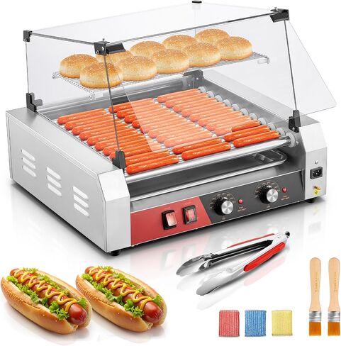 Fohere Hot Dog Roller 7 Rollers 18-24 Hot Dogs Capacition ، 1050W With Stains Stains Hot Dog Machel مع رف دافئ ، والتحكم المزدوج في درجة الحرارة ، وغطاء زجاجي ، ودرج قابل للإزالة للتجاري والحفلات in Kuwait