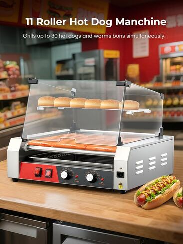 Fohere Hot Dog Roller 7 Rollers 18-24 Hot Dogs Capacition ، 1050W With Stains Stains Hot Dog Machel مع رف دافئ ، والتحكم المزدوج في درجة الحرارة ، وغطاء زجاجي ، ودرج قابل للإزالة للتجاري والحفلات in Kuwait
