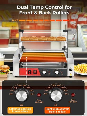 Fohere Hot Dog Roller 7 Rollers 18-24 Hot Dogs Capacition ، 1050W With Stains Stains Hot Dog Machel مع رف دافئ ، والتحكم المزدوج في درجة الحرارة ، وغطاء زجاجي ، ودرج قابل للإزالة للتجاري والحفلات in Kuwait