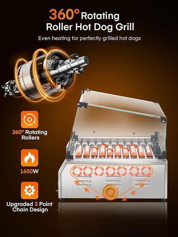 Fohere Hot Dog Roller 7 Rollers 18-24 Hot Dogs Capacition ، 1050W With Stains Stains Hot Dog Machel مع رف دافئ ، والتحكم المزدوج في درجة الحرارة ، وغطاء زجاجي ، ودرج قابل للإزالة للتجاري والحفلات in Kuwait