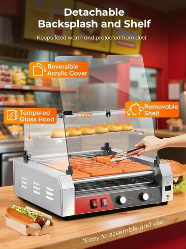 Fohere Hot Dog Roller 7 Rollers 18-24 Hot Dogs Capacition ، 1050W With Stains Stains Hot Dog Machel مع رف دافئ ، والتحكم المزدوج في درجة الحرارة ، وغطاء زجاجي ، ودرج قابل للإزالة للتجاري والحفلات in Kuwait