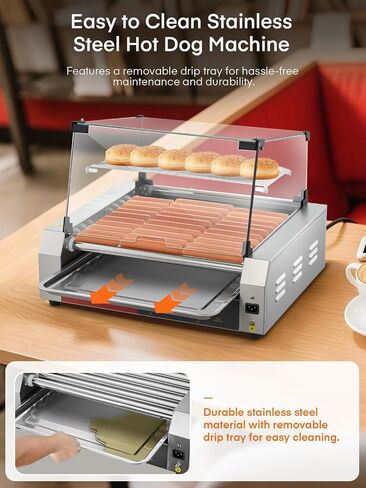 Fohere Hot Dog Roller 7 Rollers 18-24 Hot Dogs Capacition ، 1050W With Stains Stains Hot Dog Machel مع رف دافئ ، والتحكم المزدوج في درجة الحرارة ، وغطاء زجاجي ، ودرج قابل للإزالة للتجاري والحفلات in Kuwait
