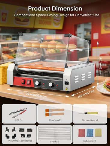 Fohere Hot Dog Roller 7 Rollers 18-24 Hot Dogs Capacition ، 1050W With Stains Stains Hot Dog Machel مع رف دافئ ، والتحكم المزدوج في درجة الحرارة ، وغطاء زجاجي ، ودرج قابل للإزالة للتجاري والحفلات in Kuwait