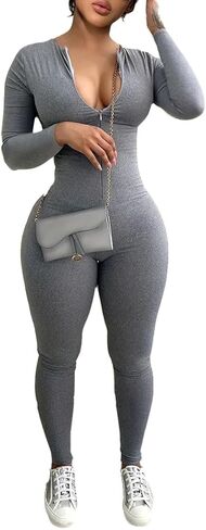 Mrskoala Women Long Sleeve Bodycon Jumpsuit One Piece Zip Up Romper Orange M in Kuwait