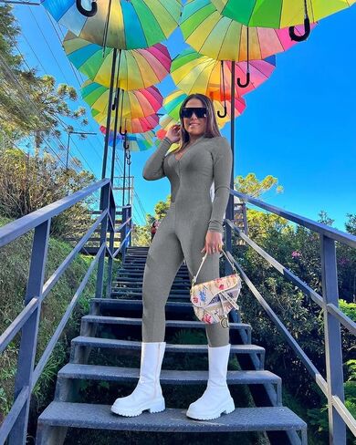 Mrskoala Women Long Sleeve Bodycon Jumpsuit One Piece Zip Up Romper Orange M in Kuwait