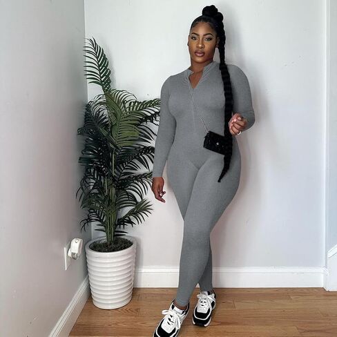 Mrskoala Women Long Sleeve Bodycon Jumpsuit One Piece Zip Up Romper Orange M in Kuwait