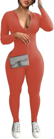 Mrskoala Women Long Sleeve Bodycon Jumpsuit One Piece Zip Up Romper Orange M in Kuwait