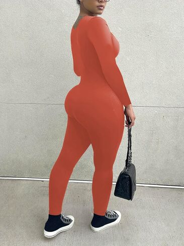 Mrskoala Women Long Sleeve Bodycon Jumpsuit One Piece Zip Up Romper Orange M in Kuwait