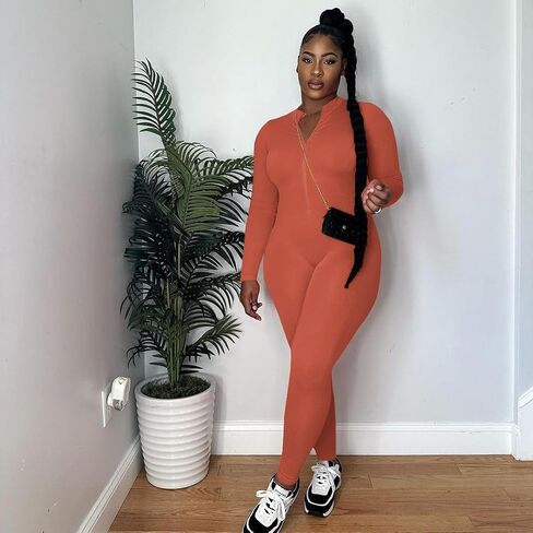 Mrskoala Women Long Sleeve Bodycon Jumpsuit One Piece Zip Up Romper Orange M in Kuwait