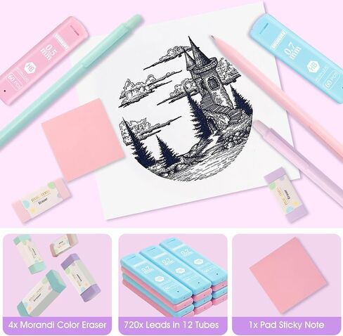 Mechanical Pencil Set with Cute Pencil Case, 12PCS Pastel Mechanical Pencils 0.5 & 0.7mm with 720PCS HB Leads, 4PCS Erasers and 1x Sticky Note, Suitable for School Writing, Drafting Drawing Sketching in Saudi Arabia