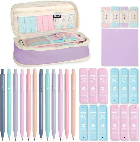 Mechanical Pencil Set with Cute Pencil Case, 12PCS Pastel Mechanical Pencils 0.5 & 0.7mm with 720PCS HB Leads, 4PCS Erasers and 1x Sticky Note, Suitable for School Writing, Drafting Drawing Sketching in Saudi Arabia