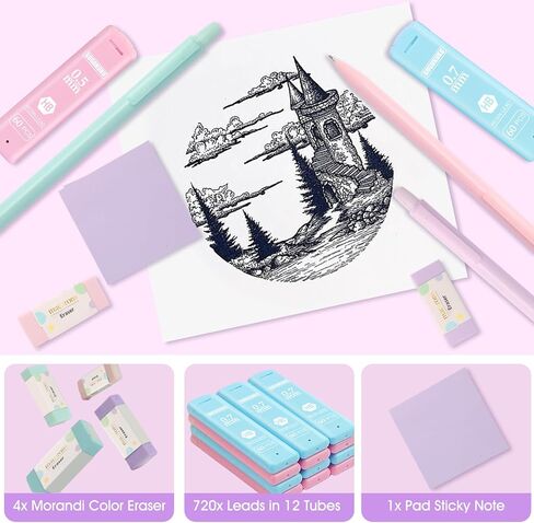 Mechanical Pencil Set with Cute Pencil Case, 12PCS Pastel Mechanical Pencils 0.5 & 0.7mm with 720PCS HB Leads, 4PCS Erasers and 1x Sticky Note, Suitable for School Writing, Drafting Drawing Sketching in Saudi Arabia
