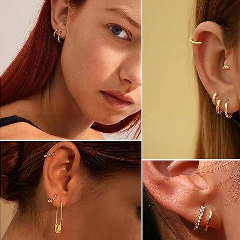 6 Pairs 925 Sterling Silver Women'S Small Hoop Earrings, 14k Real Gold Hypoallergenic Small Cubic Zirconia Cartilage Huggie Earring Set For Many Piercings Fashion Jewelry 8/10/12mm in Saudi Arabia