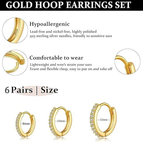 6 Pairs 925 Sterling Silver Women'S Small Hoop Earrings, 14k Real Gold Hypoallergenic Small Cubic Zirconia Cartilage Huggie Earring Set For Many Piercings Fashion Jewelry 8/10/12mm in Saudi Arabia