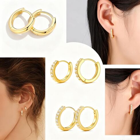 6 Pairs 925 Sterling Silver Women'S Small Hoop Earrings, 14k Real Gold Hypoallergenic Small Cubic Zirconia Cartilage Huggie Earring Set For Many Piercings Fashion Jewelry 8/10/12mm in Saudi Arabia