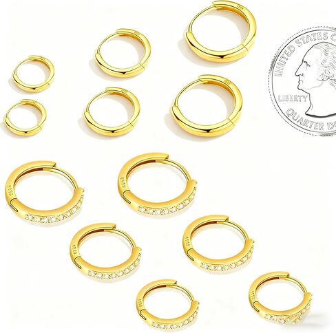 6 Pairs 925 Sterling Silver Women'S Small Hoop Earrings, 14k Real Gold Hypoallergenic Small Cubic Zirconia Cartilage Huggie Earring Set For Many Piercings Fashion Jewelry 8/10/12mm in Saudi Arabia